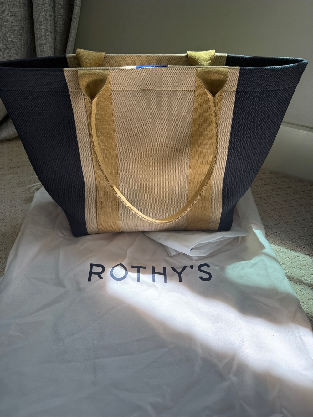 Rothy's Black and Tan Canvas Tote with Gold Accents perfect condition